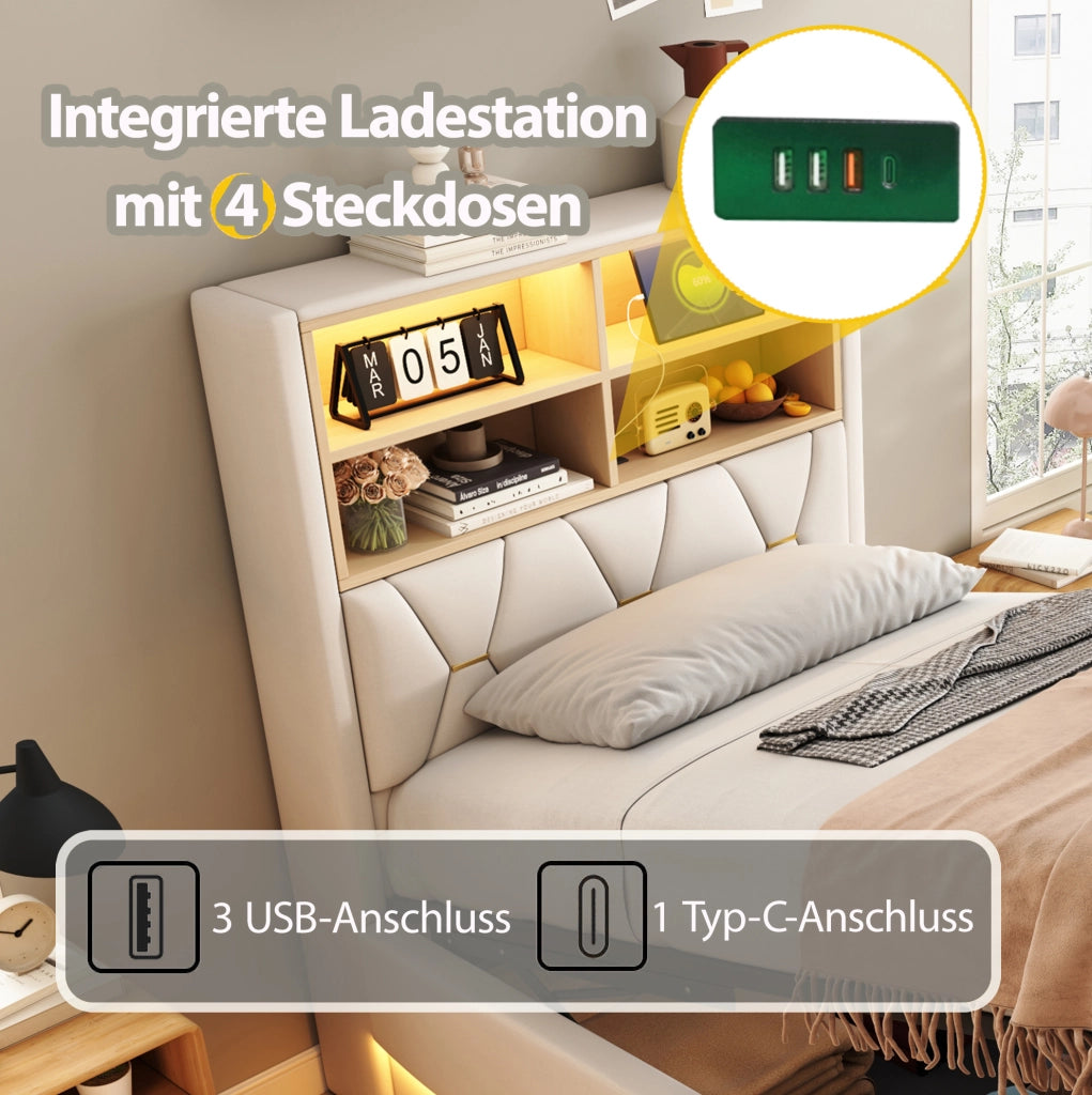 Letto multifunzione per bambini 90x200 cm beige con LED e USB