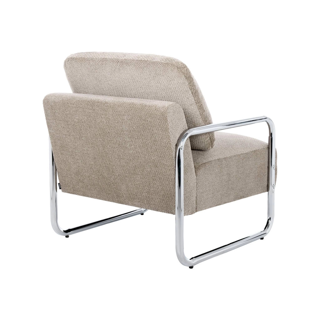 Poltrona vintage in tessuto chenille con struttura cromata, beige