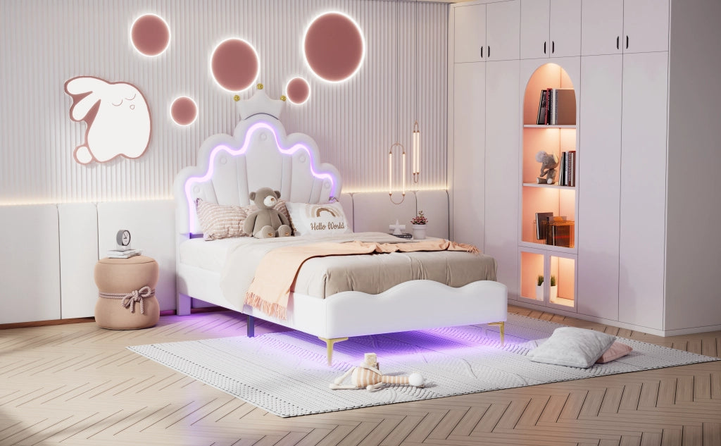 DESMIU Letto singolo 1 posto con LED regolabile e testiera regolabile 90 × 200 cm, senza materasso, bianco
