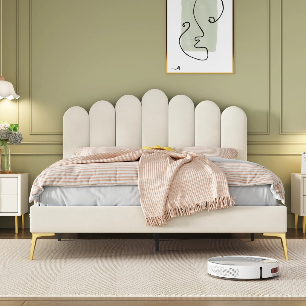 LETTO imbottito 140 x 200 cm beige in velluto con testiera regolabile