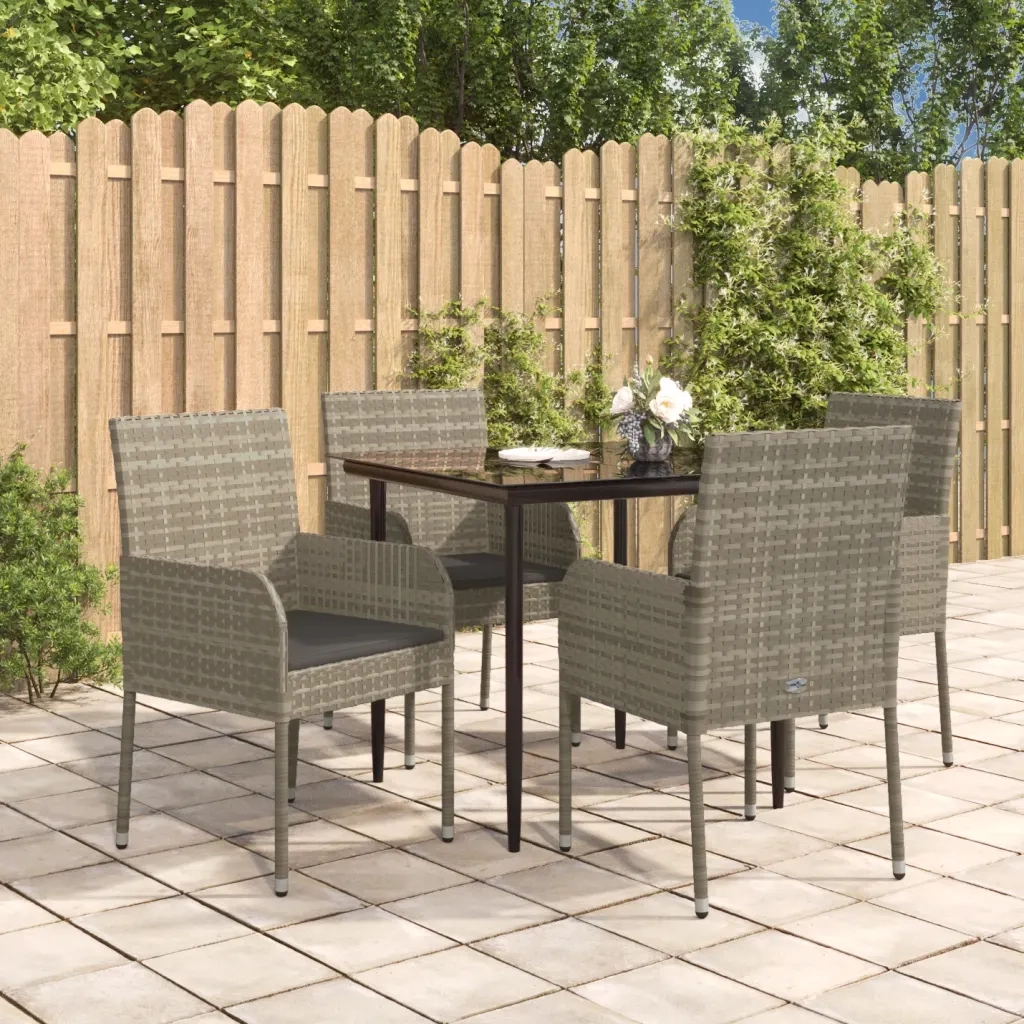 Set da Pranzo Giardino 5pz Nero e Grigio con Cuscini Polyrattan 3185150