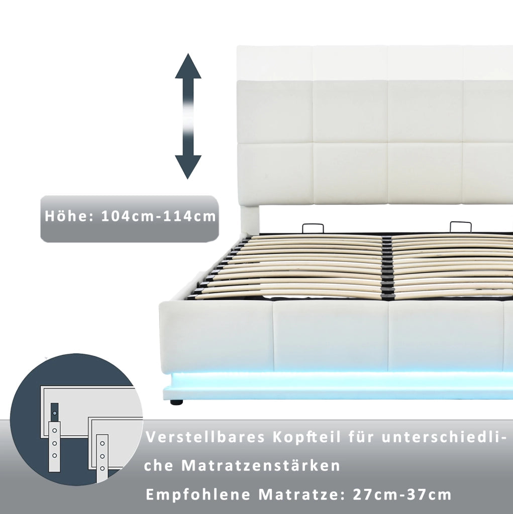 Letto matrimoniale imbottito 160x200 cm con LED; contenitore idraulico e struttura in metallo; bianco