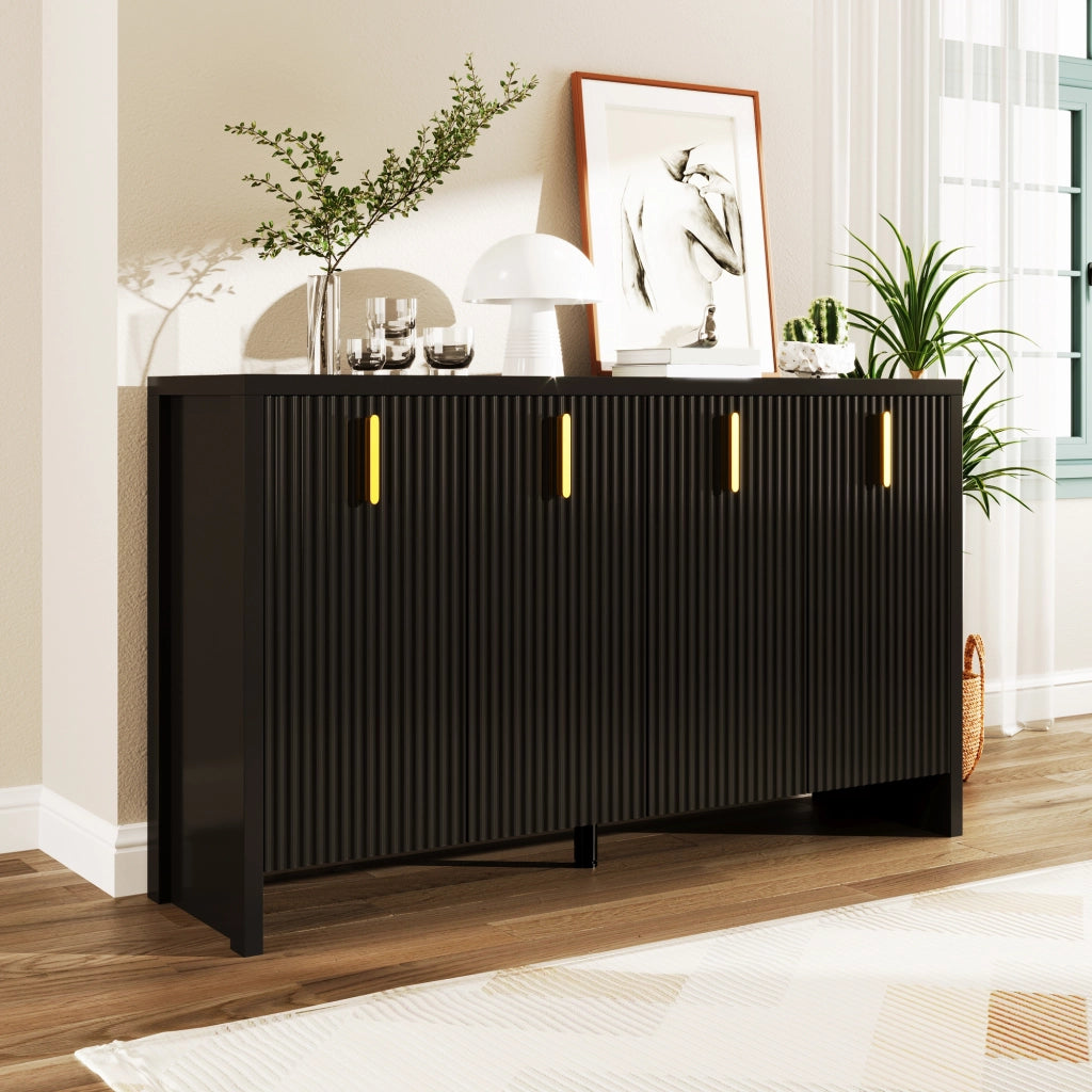 Credenza nera con 4 ante e ripiani regolabili in pannelli truciolari per soggiorno 140 × 38 × 80 cm