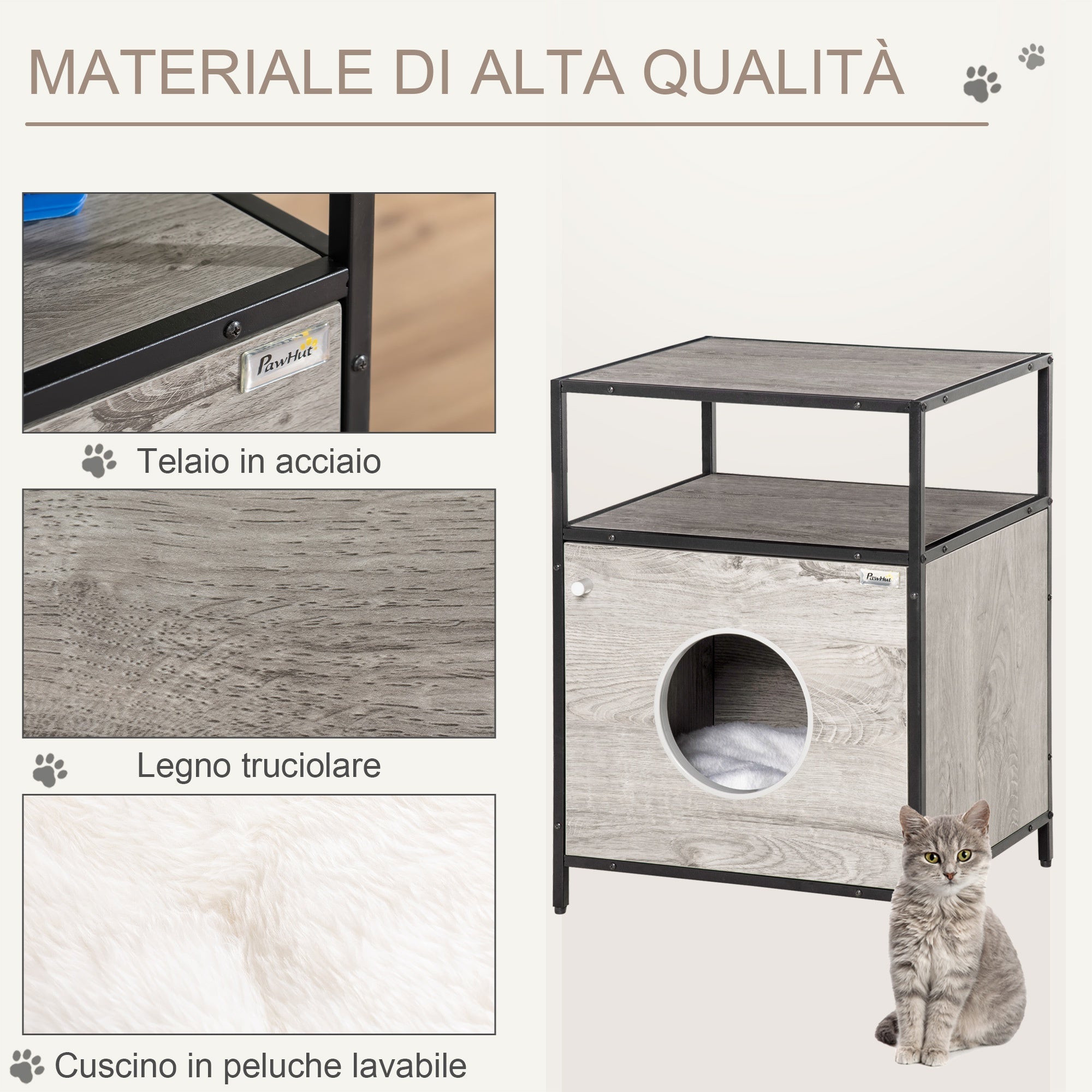 Cuccia per Gatti Mobiletto Multiuso 48x40x65,5 cm con Cuscino Grigio