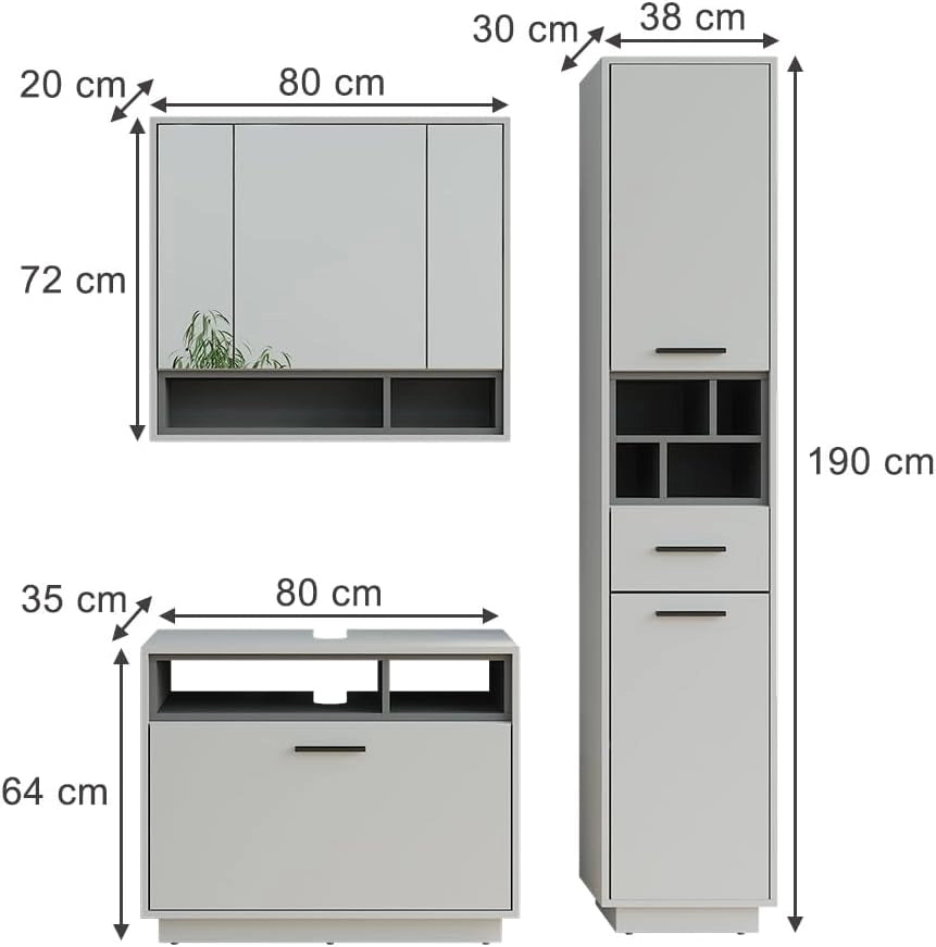 Set di mobili da bagno Beatrice, Grigio/antracite, 80 cm, composto da mobile sottolavabo, specchiera e colonna alta
