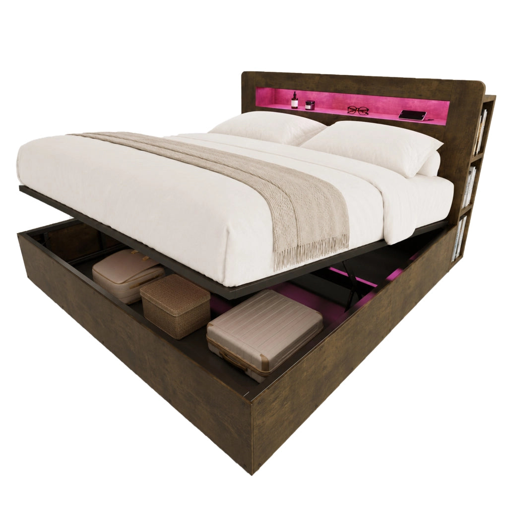 Letto Contenitore Letto Matrimoniale 180x200 cm; LED; Prese e Mensole in Legno