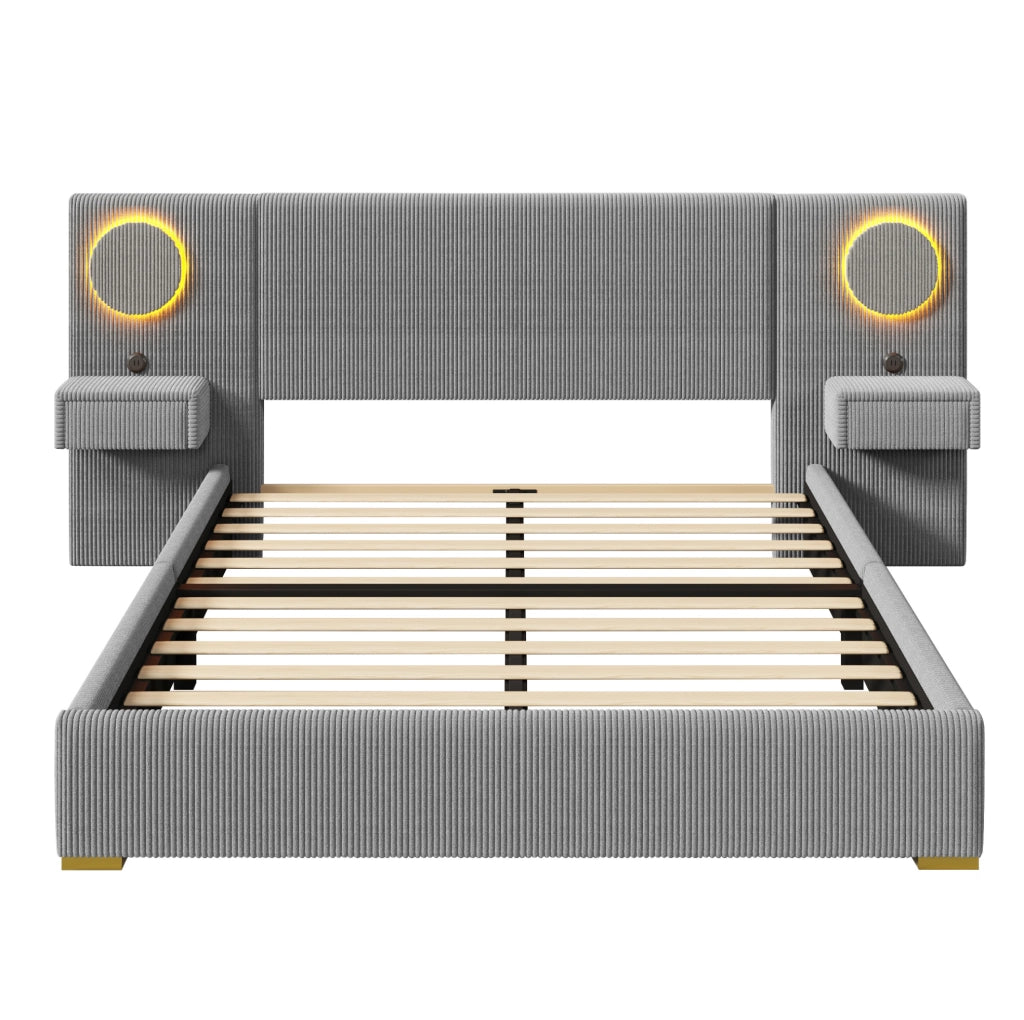 Letto imbottito in velluto grigio 180x200 cm con testiera LED, porte USB e cassetti comodino
