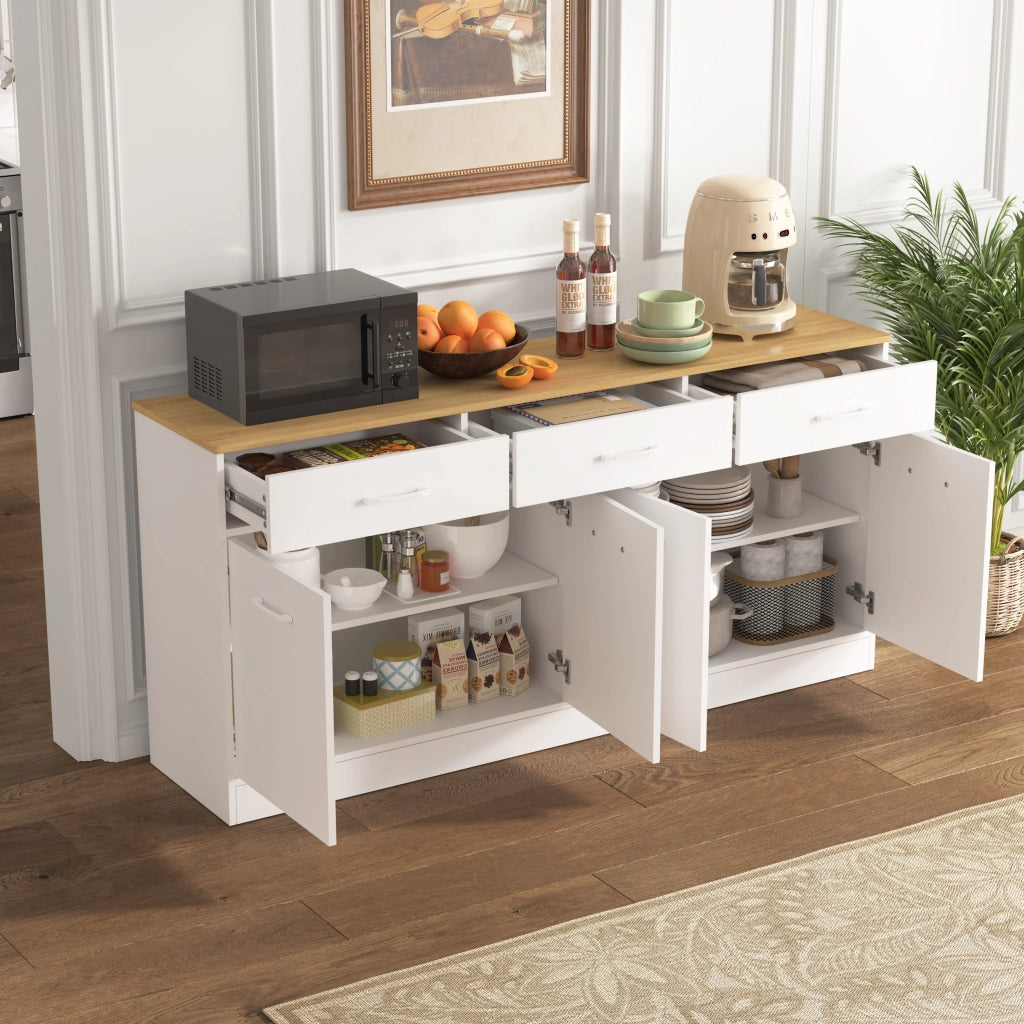 Credenza da cucina con 3 cassetti e ripiani regolabili per cucina e soggiorno in MDF bianco naturale 160 × 37 × 76,5 cm