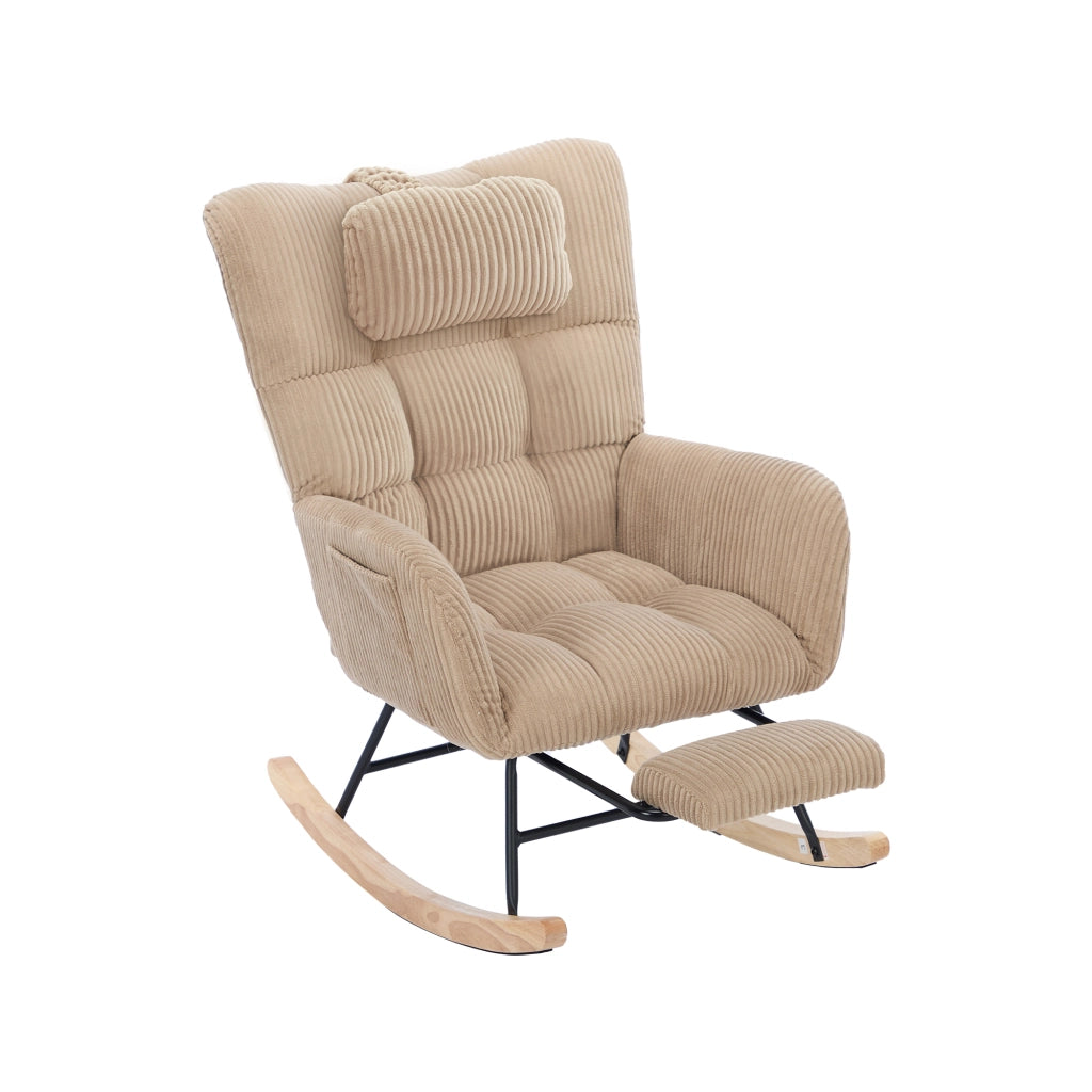 Poltrona a Dondolo in Velluto a Coste Marrone 102x65x92 cm con Poggiagambe e Cuscino Cervicale