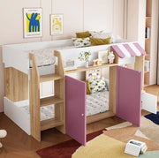 Letto a soppalco basso per bambini 90x200 cm con scala; vani contenitore e design casetta; rosa e bianco