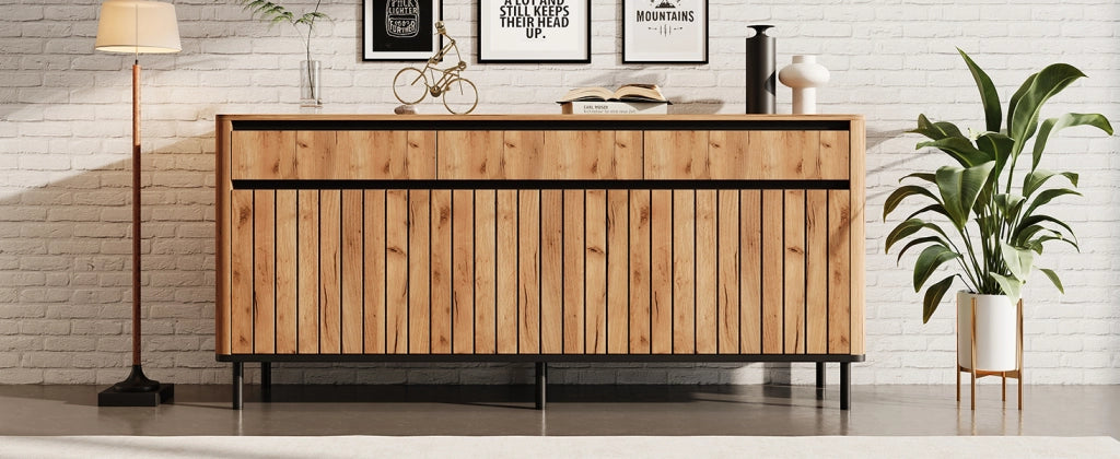 Credenza e madia con 3 cassetti e 3 ante a lamelle, per soggiorno e ingresso, in MDF naturale 160 × 40 × 73 cm