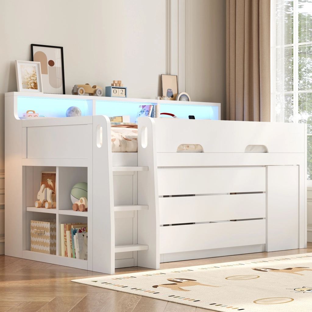 LETTO A SOPPALCO BASSO 90x200 cm bianco con scrivania mobile e 3 cassetti