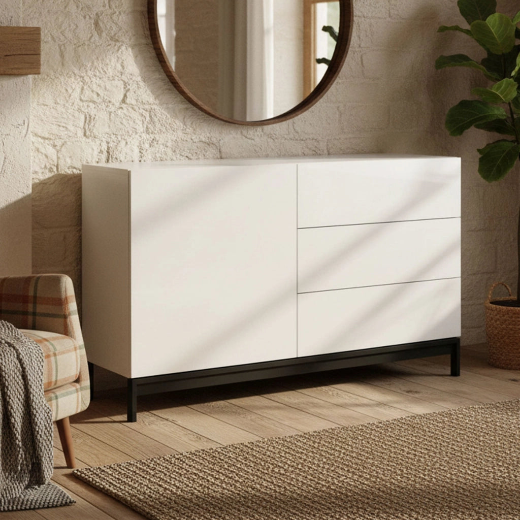 Credenza moderna a 1 anta e 3 Adana, Made in Italy, Madia da cucina, Buffet di design da soggiorno, con piedini, cm 110x40h47, Bianco lucido