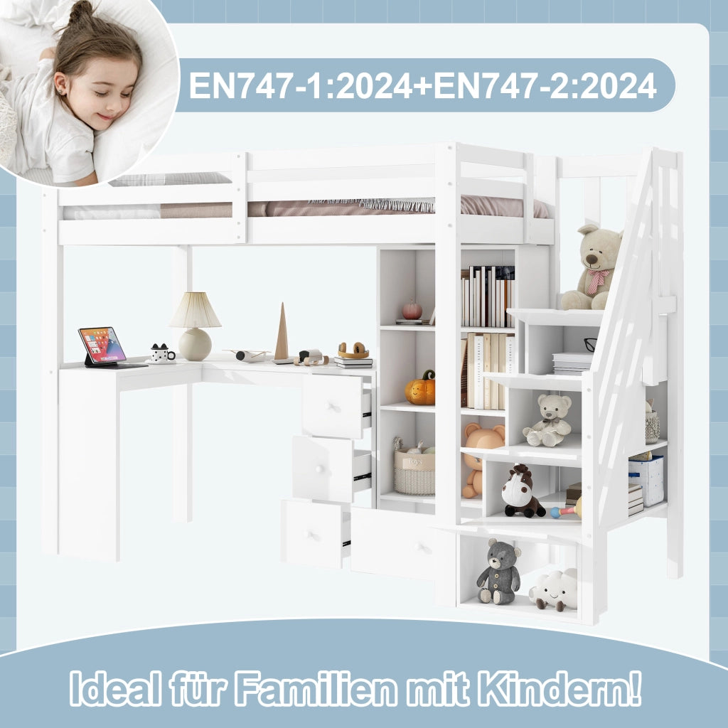 Letto a castello bianco in pino con scrivania cassetti scaffali aperti e scala integrata 90x200 cm