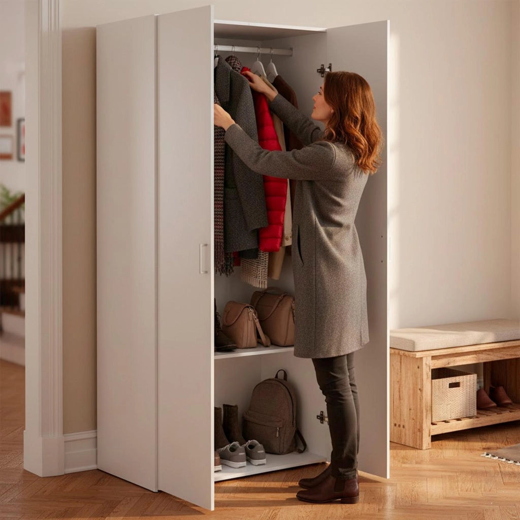 Armadio Multiuso Con 2 Ante Armadietto Battente Design Moderno Salvaspazio Vano Con Barra Appendiabiti E Ripiani Camera Da Letto Ingresso Lavanderia 77.6 x 49.52 x 175.4 Cm Bianco