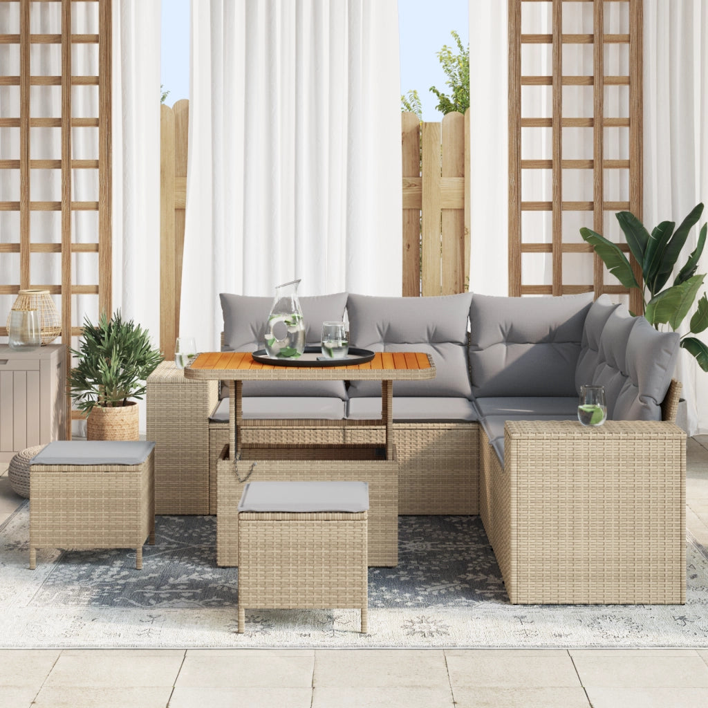 Set Divano da Giardino 8 Pezzi con Cuscini Beige Polyrattan Acacia
