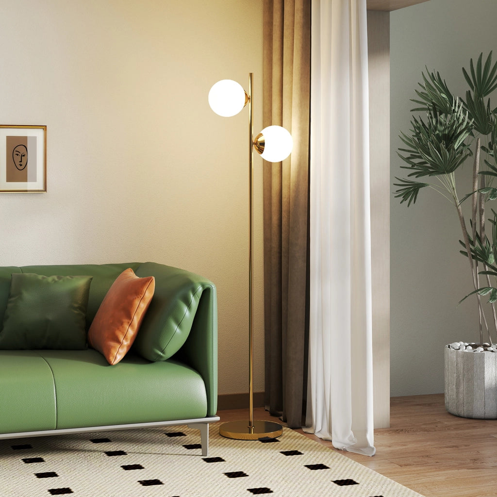 Lampada da Terra con 2 Luci e Paralumi a Sfera, Interruttore a Pedale e Attacco E27, ?28x165 cm, Oro