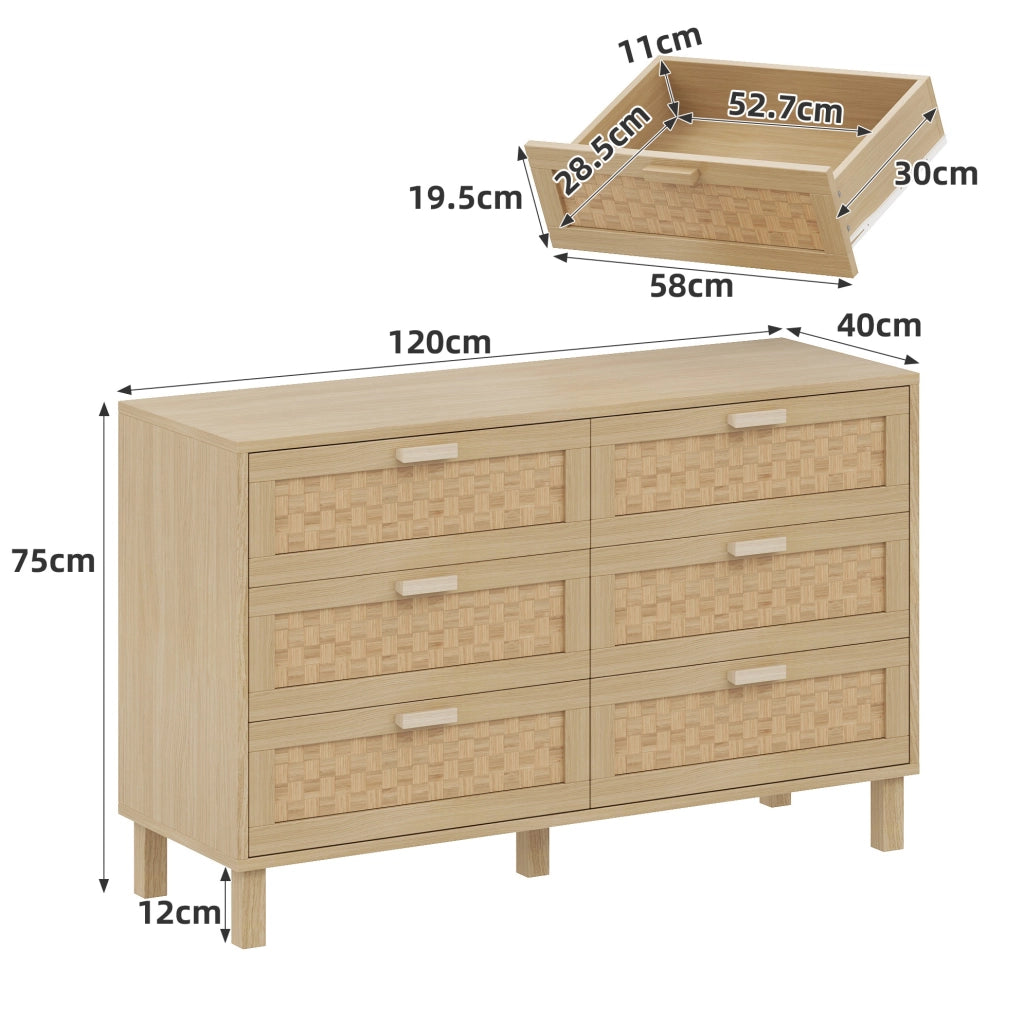 Credenza con 6 cassetti in truciolare effetto legno naturale; 120x75x40 cm