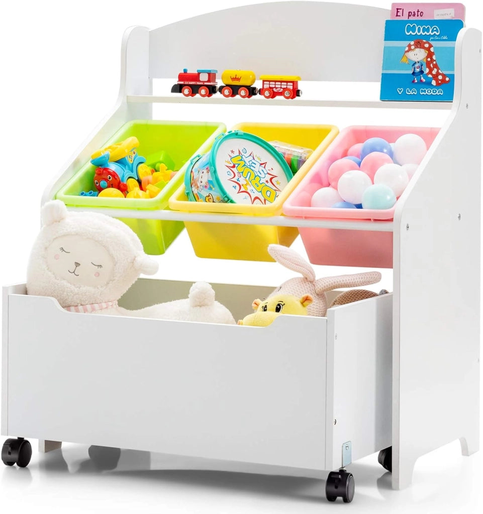 Scaffale Porta Giocattoli per Bambini in Legno con Contenitore e 3 Vassoi, Mobiletto Multiuso per Bambini con Ruote,Cesto Portaoggetti per Camera dei Bambini, 76 x 38 x 63,5 cm (bianco)