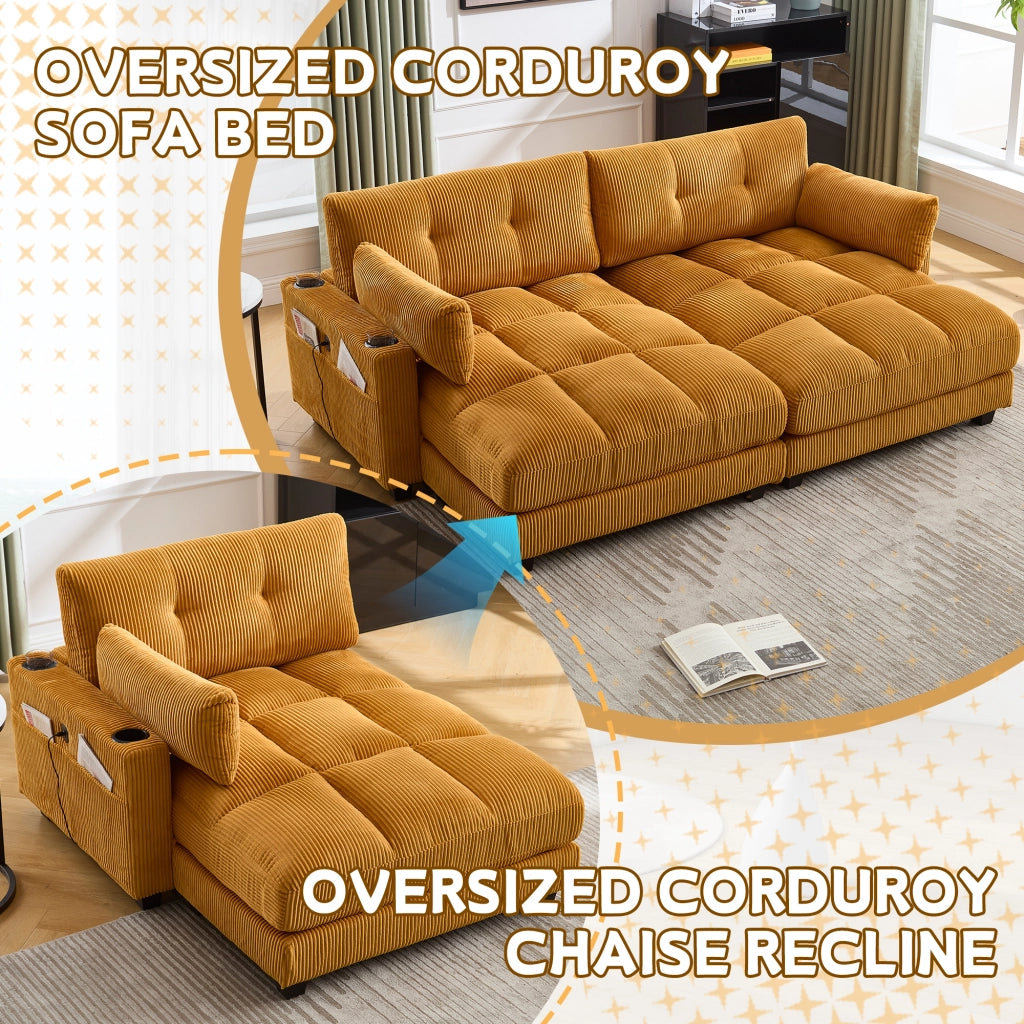Poltrona Lounge Con USB E Portabevande; Braccioli Reversibili; Cuscino Poggiatesta Regolabile in Velluto A Coste Giallo Senape