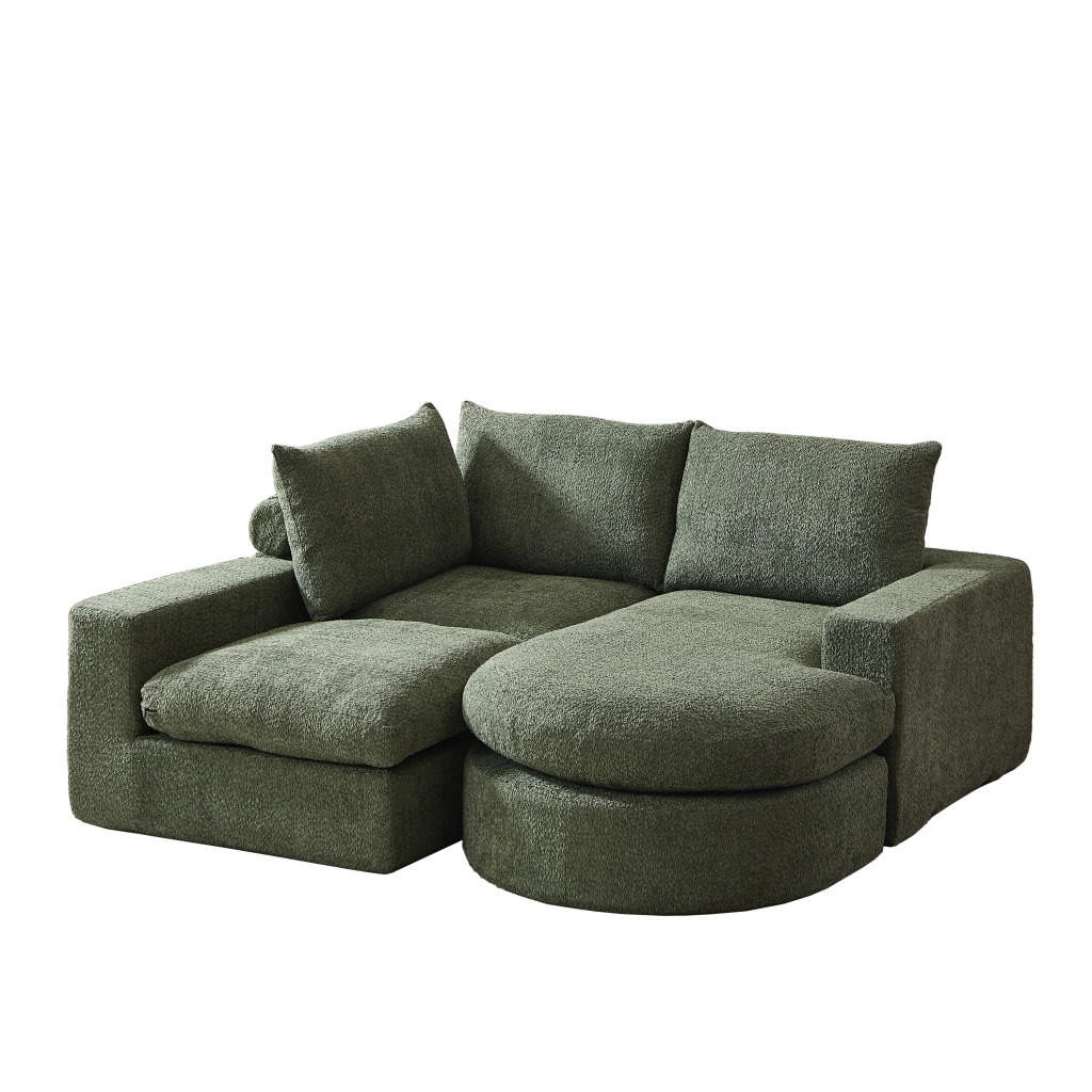 Divano angolare modulare con chaise longue reversibile e cuscini in ciniglia verde 251×160×81 cm