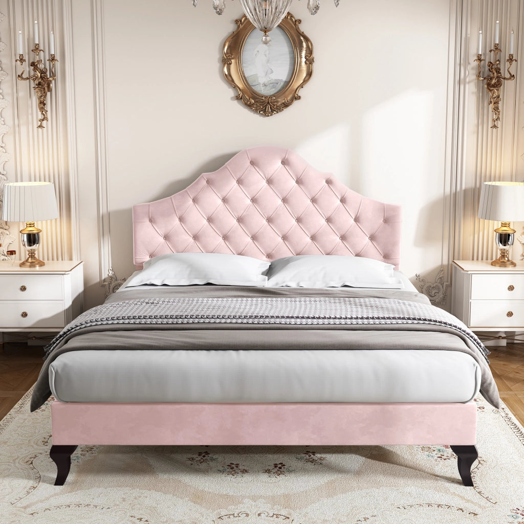 Letto matrimoniale imbottito 140 x 200 cm in velluto rosa con testiera regolabile e rete inclusa