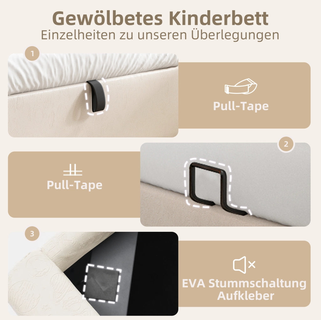Letto singolo imbottito per bambini 90x200 cm beige con vano contenitore