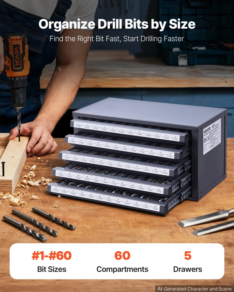 Cassetta Organizer per Punte da Trapano 60 Scomparti 5 Cassetti in Acciaio 37,5x20x20 cm Robusta per Officina e Fai da Te