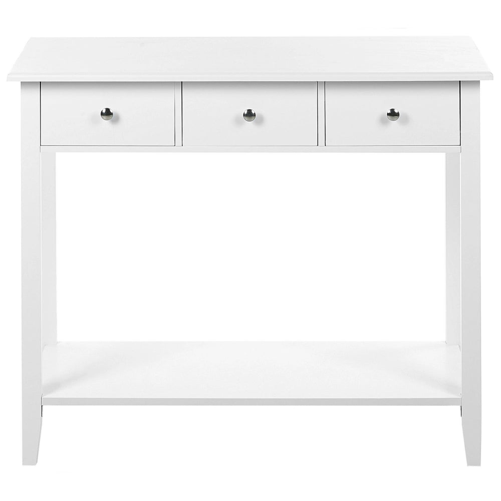 Tavolo Consolle Bianco MDF Gambe Legno 90 x 40 x 75 cm 3 Cassetti Scaffale Corridoio Mobili Soggiorno Stile Moderno