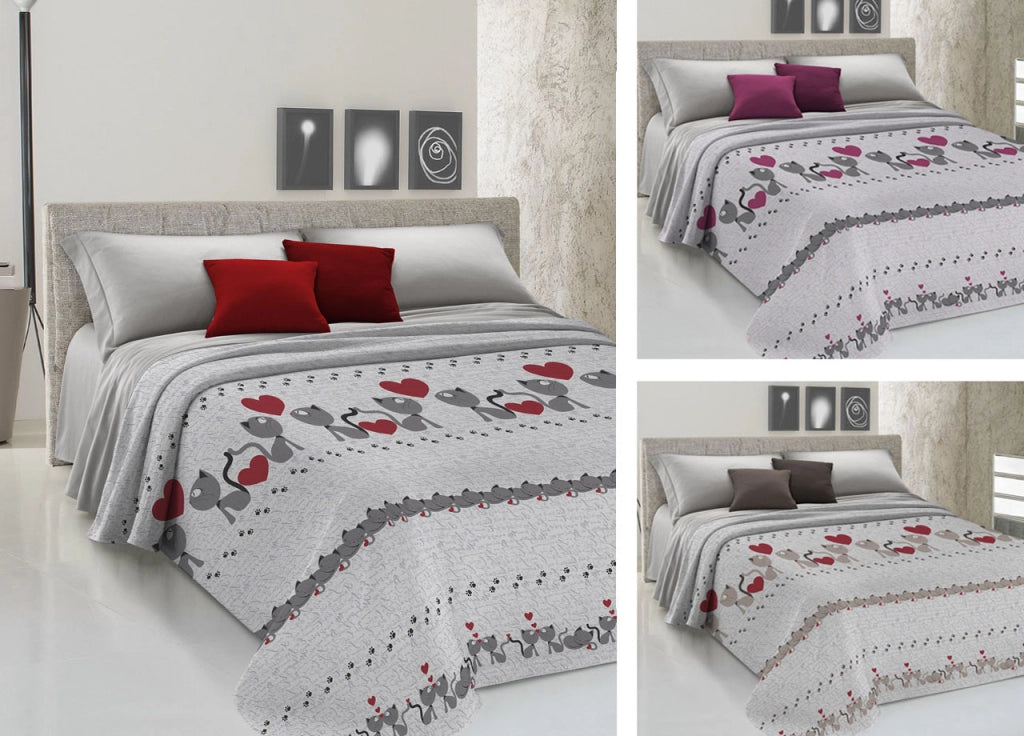 Copriletto Piquet Primavera Estate 100% Cotone Disegno Gattini Cuori - Singolo - Beige