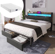 Letto matrimoniale 160x200 cm in lino grigio con LED; USB-C; cassetti e materasso