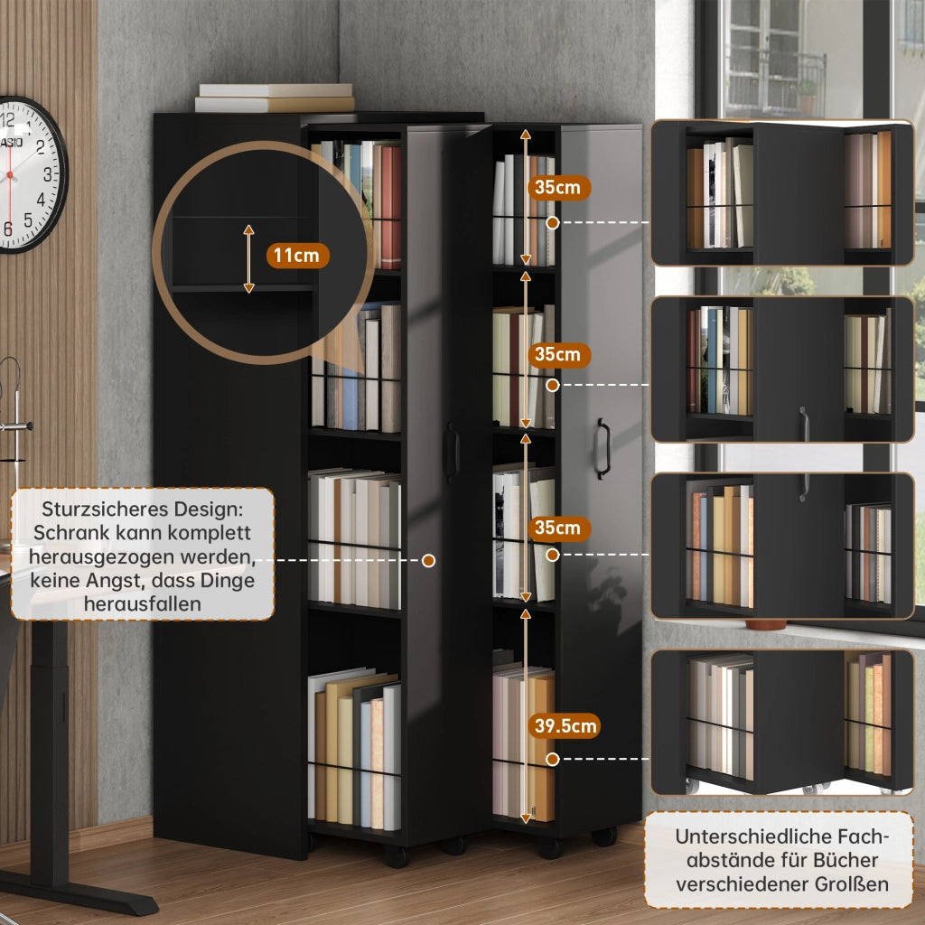 Libreria su ruote con 4 ripiani reversibile per soggiorno bagno cucina e ufficio in MDF nero 51.5 × 41 × 158 cm