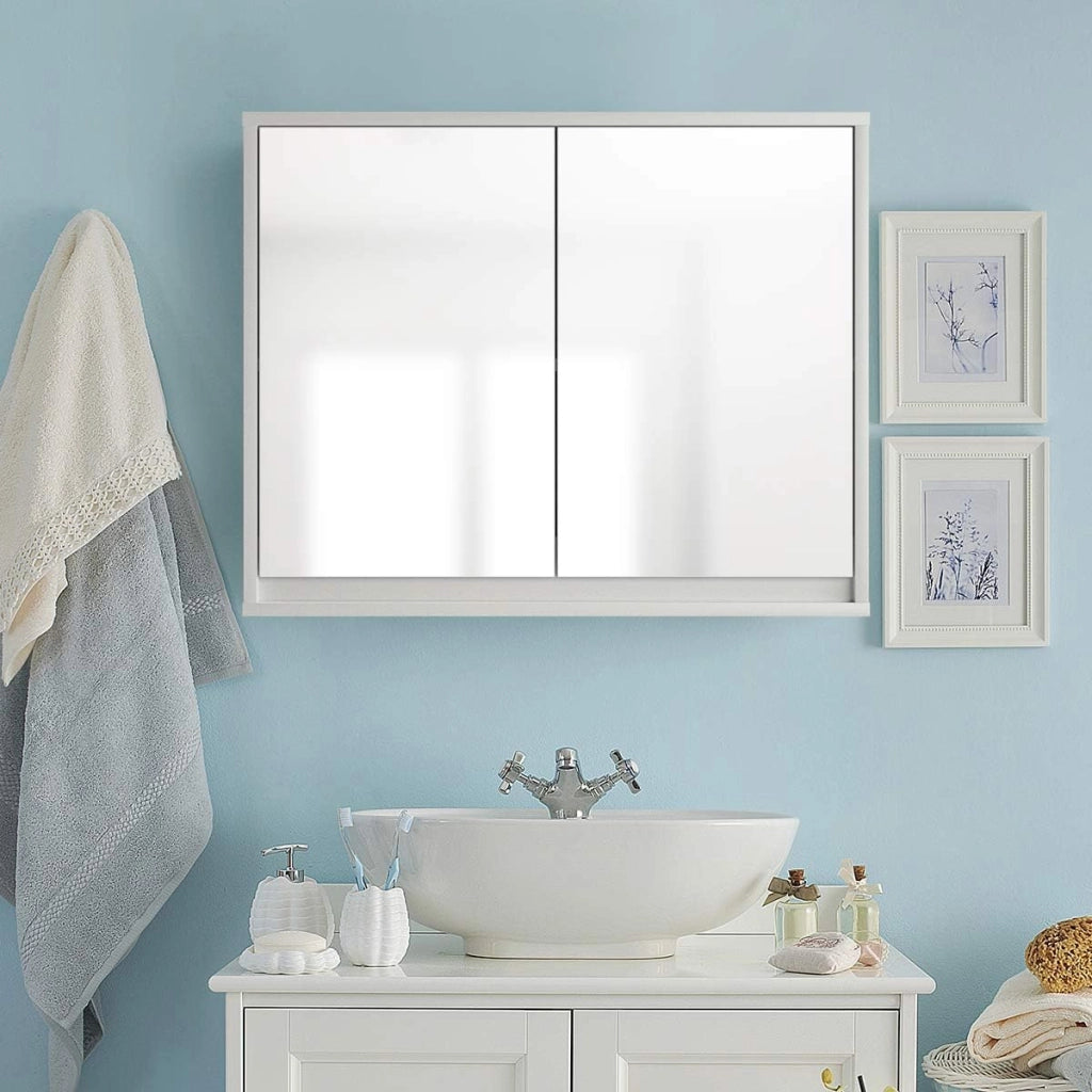 Armadietto Bagno a Parete con 2 Ante di Specchio, Mobiletto Specchio Bagno con 2 Ripiani di Stoccaggio, 65x11x62 cm, Bianco (56x14x45 cm)