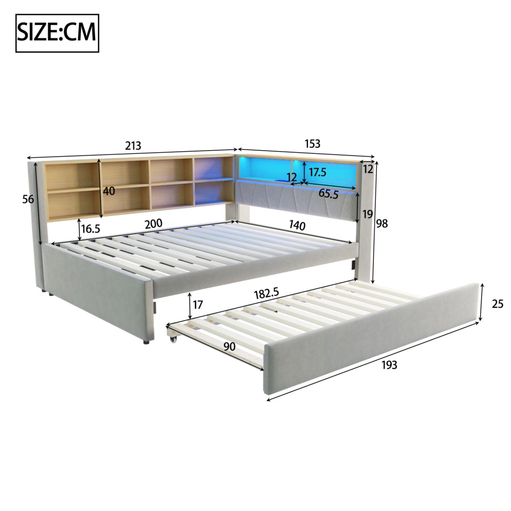 Divano letto con letto estraibile 140x200 cm; LED; porte USB/Type-C e presa; grigio chiaro