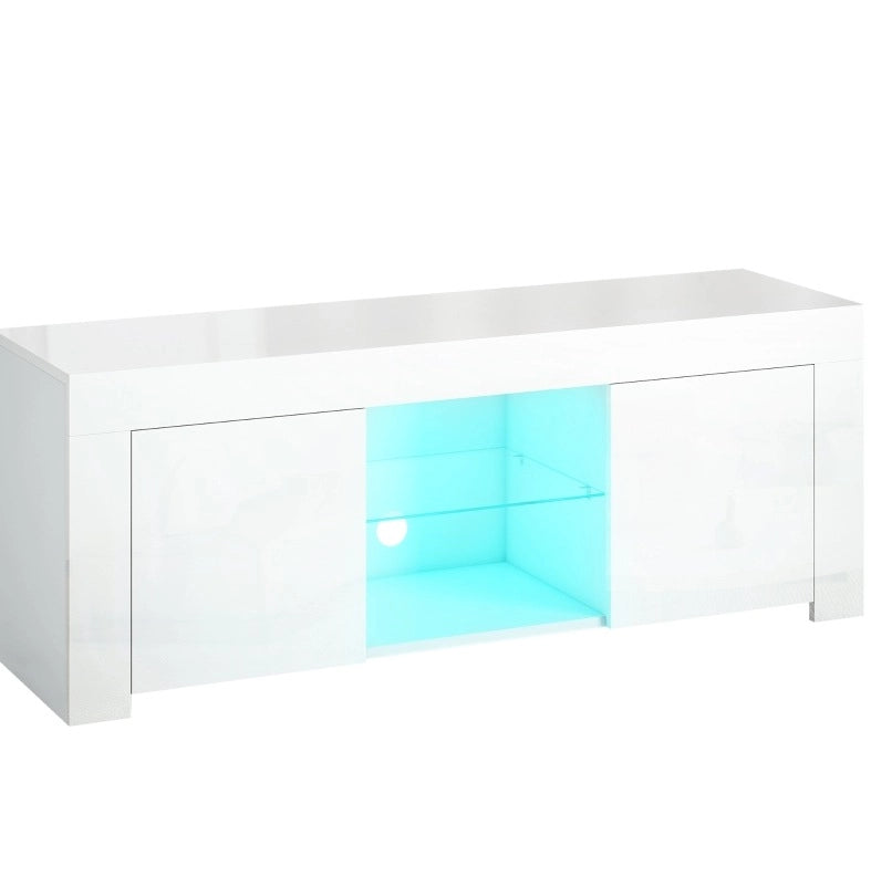 Mobile TV 120x34x45 cm con luci LED RGB; ripiano in vetro; bianco