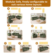 Divano modulare 3 posti con 2 poltrone in chenille con cuscini e struttura in metallo verde 220 × 81 × 87 cm