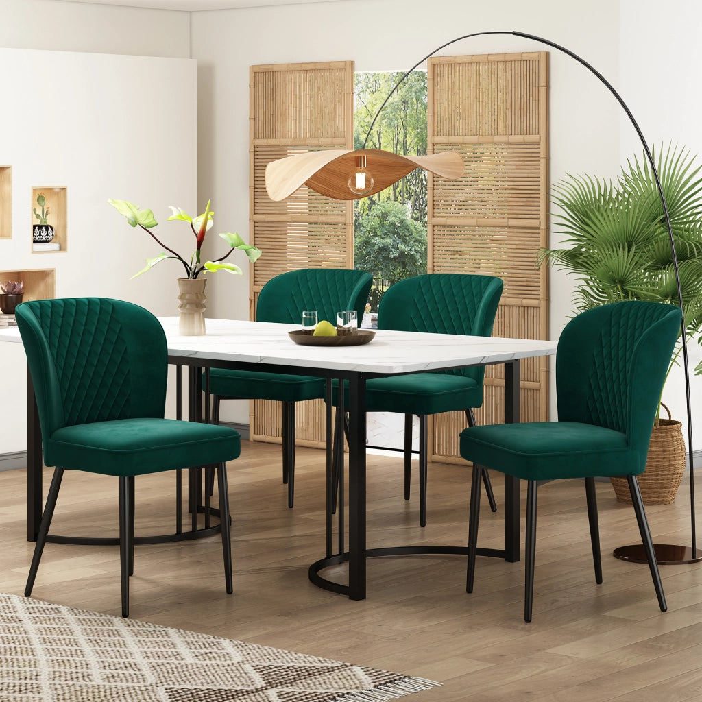 Set tavolo da pranzo con 4 sedie, schienale decorato, per cucina e sala da pranzo, in velluto e MDF, verde scuro