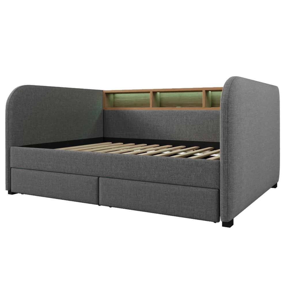 Letto Imbottito con Contenitore ¨C MINIMAL ¨C Grigio, LED, USB, 140x190, Tessuto, 2 Cassetti