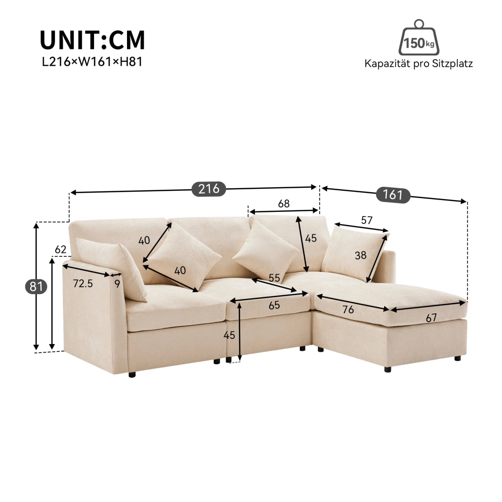 Divano Angolare Reversibile 3-4 Posti con Pouf Mobile; Cuscini Inclusi; Seduta Ergonomica in Ciniglia Beige