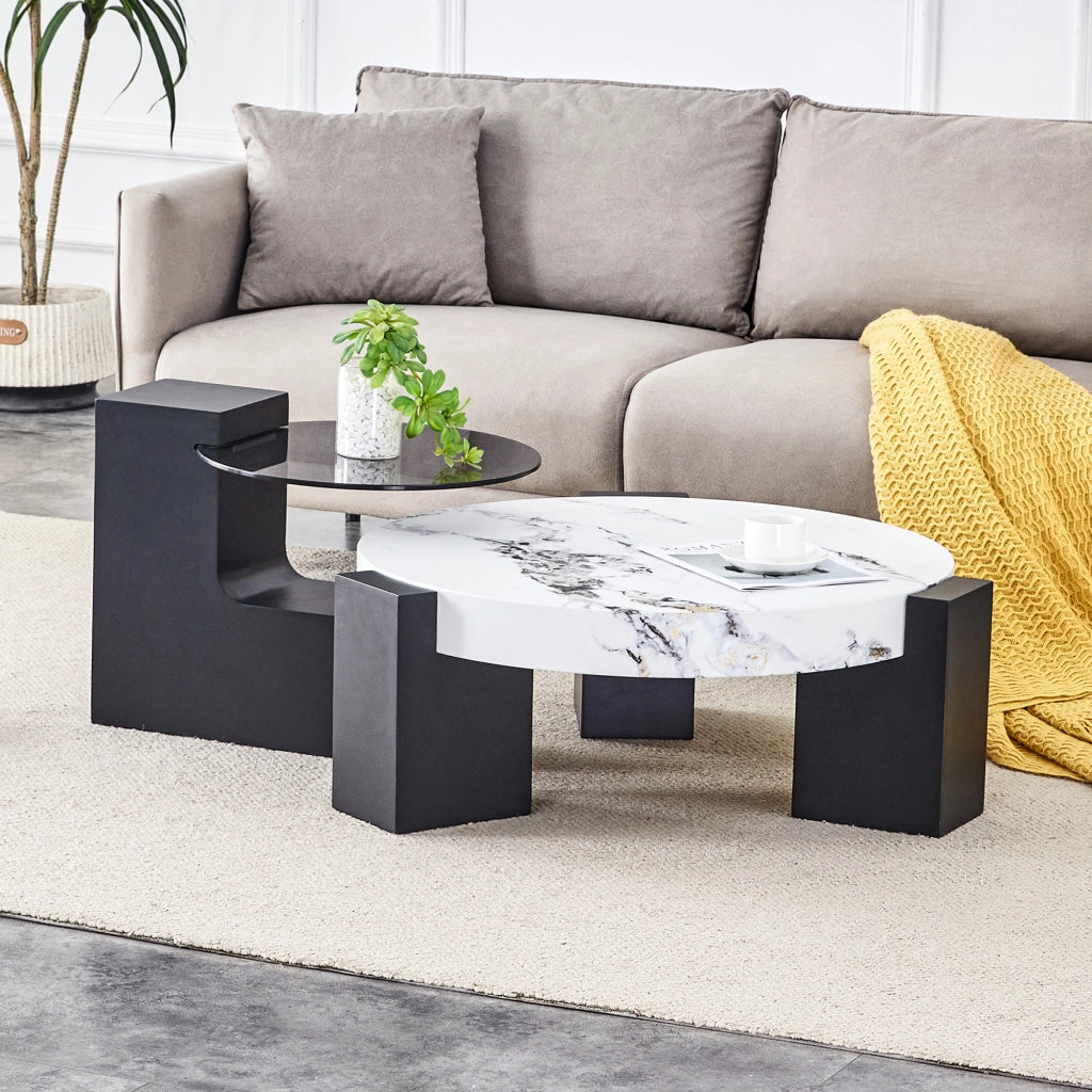 TAVOLINO DA SALOTTO Set da 2 pezzi Ø61/44 cm MDF bianco effetto marmo e nero
