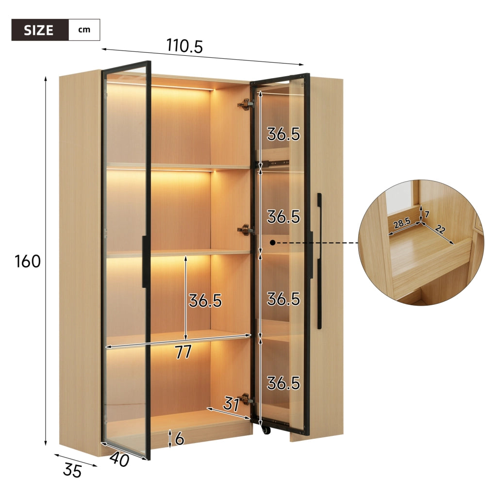 Libreria vetrina moderna 110;5x35x160 cm in MDF rovere con LED e anta in vetro