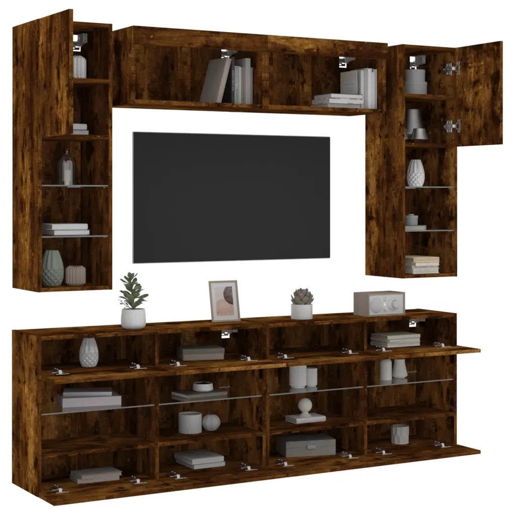 Set Mobili TV a Muro 6 pz con Luci LED Rovere Fumo 3216801