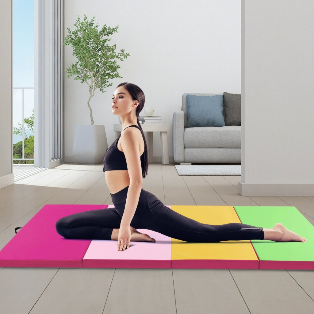 Tappetino per ginnastica pieghevole a 4 pannelli con maniglie chiusure a strappo, Tappetino in ecopelle 300x117cm Colorato-Tappetini ginnastica e yoga