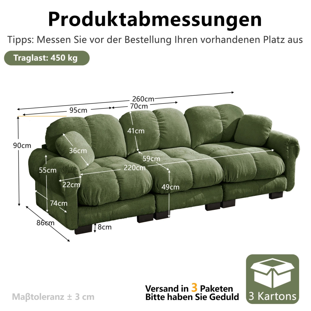 Divano a 3 posti verde in tessuto Chenille con cuscini decorativi, design trapuntato e schienale ergonomico