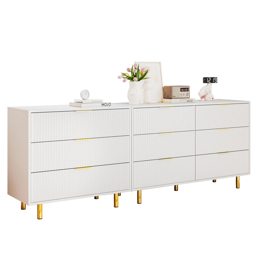 Set di mobili contenitori modulari con 9 cassetti in MDF bianco e oro