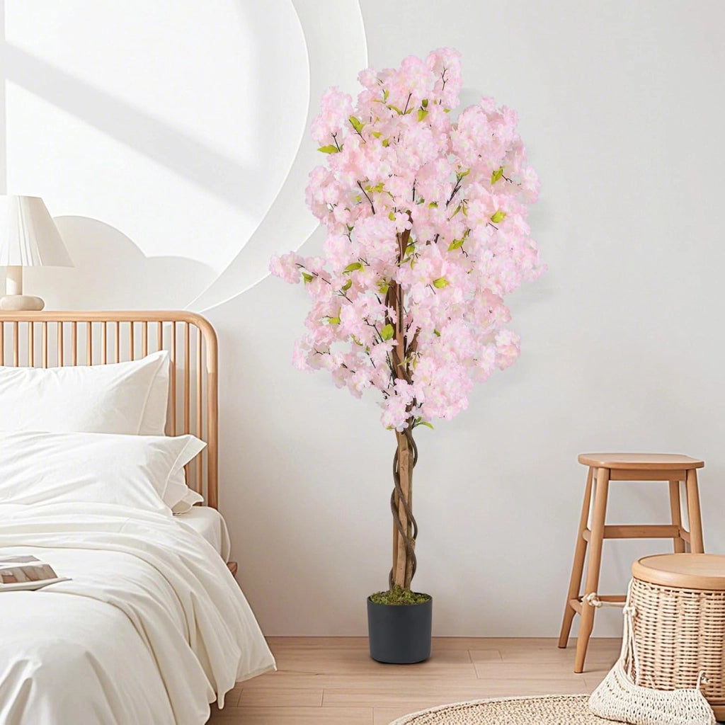 Set di 2 Piante Artificiali di Sakura, Pianta Artificiale 150 cm in Vaso, Falso Albero di Ciliegio con Fiori Rosa, Albero Artificiale Decorativo per la Casa