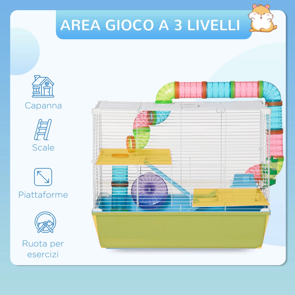 Gabbia per Criceti a 3 Livelli con Tubi, Casetta, Serbatoio dell'Acqua e Ruota, 59x36x47 cm