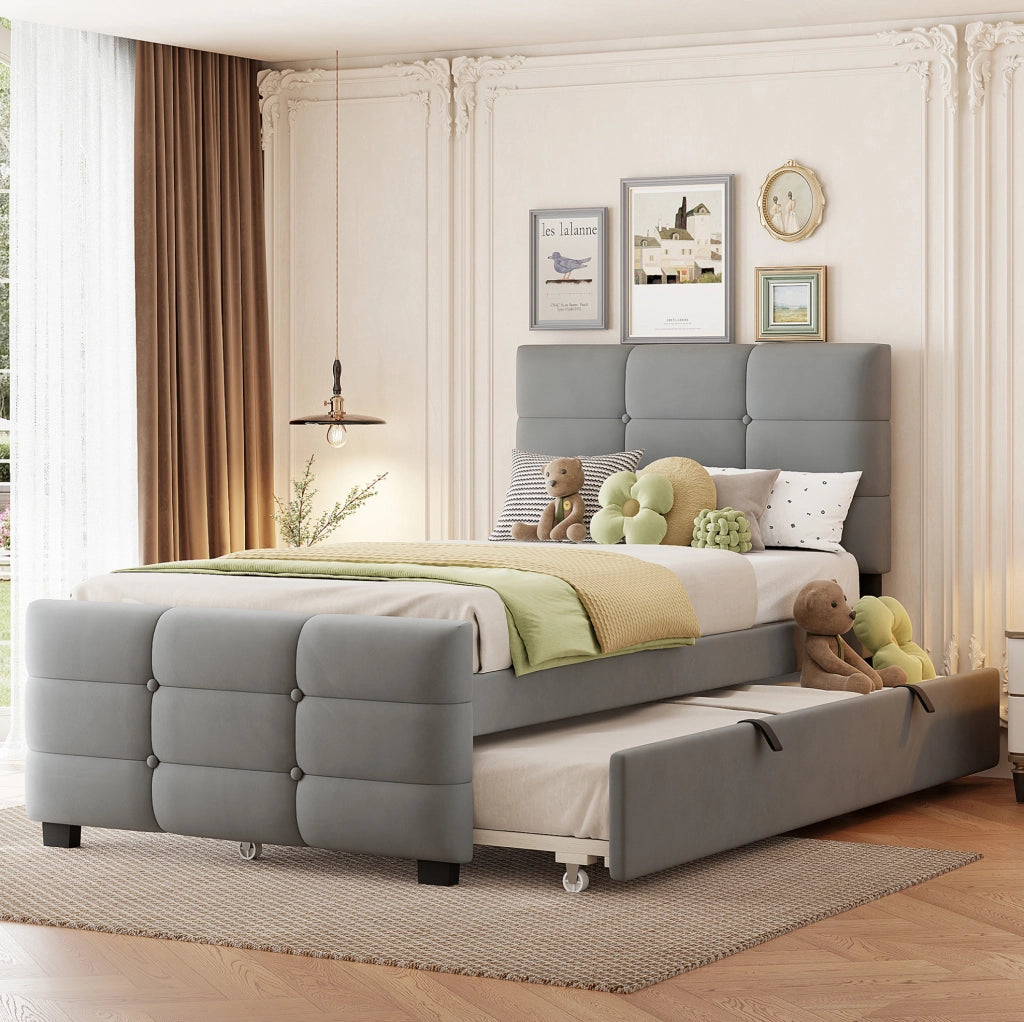 Letto imbottito singolo 90x190 cm con letto estraibile; in velluto grigio