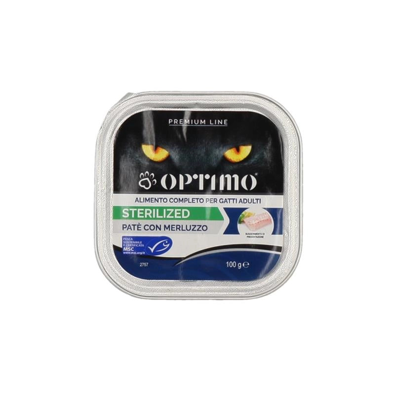 OPTIMO PATÈ PER  GATTI STERILIZZATI IN CONFEZIONE DA 100 GR GUSTO MERLUZZO