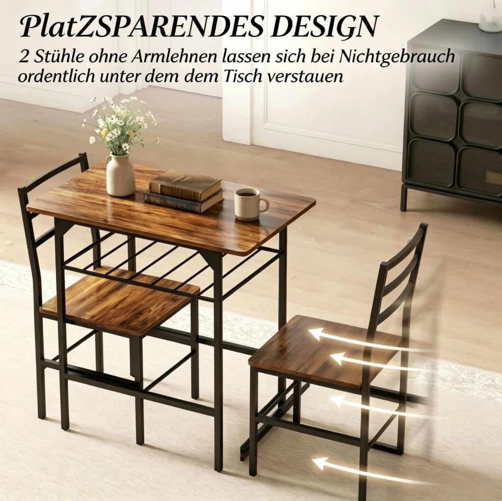 Set da pranzo compatto con tavolo e 2 sedie, design industriale salvaspazio